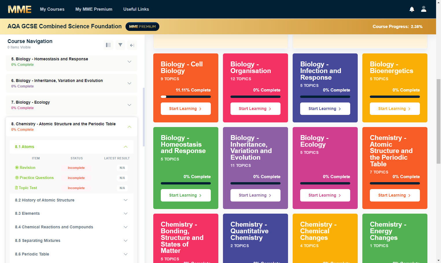 You will then see the three sections: revision, practice questions and topic tests. You can work through these to build up your confidence on that section.