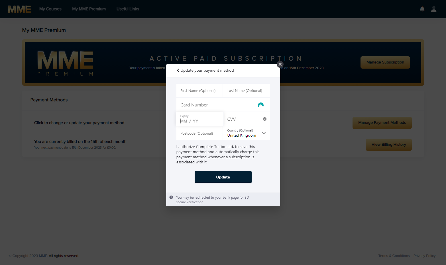 Update your payment details and then click update
