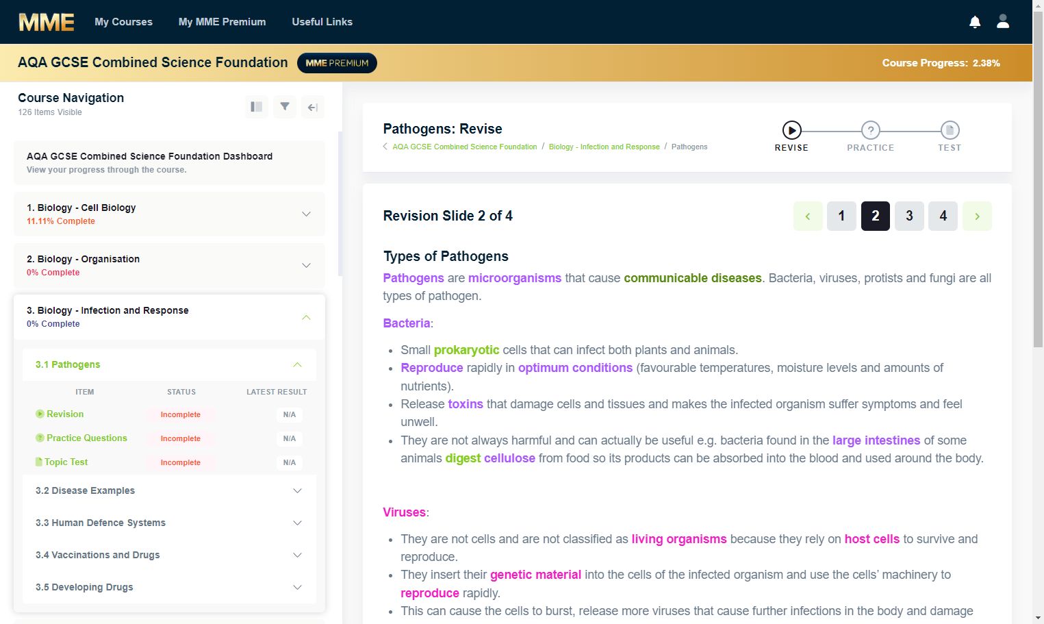 You will find that some words are highlighted in green, if you click these it will take you to a revision page on the MME website.